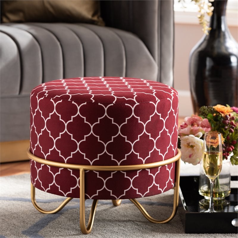 Baxton Studio Candice Red Quatrefoil Velvet Upholstered Metal Ottoman