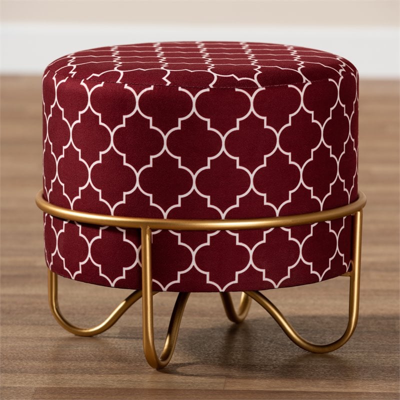 Baxton Studio Candice Red Quatrefoil Velvet Upholstered Metal Ottoman