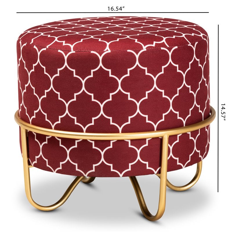Baxton Studio Candice Red Quatrefoil Velvet Upholstered Metal Ottoman