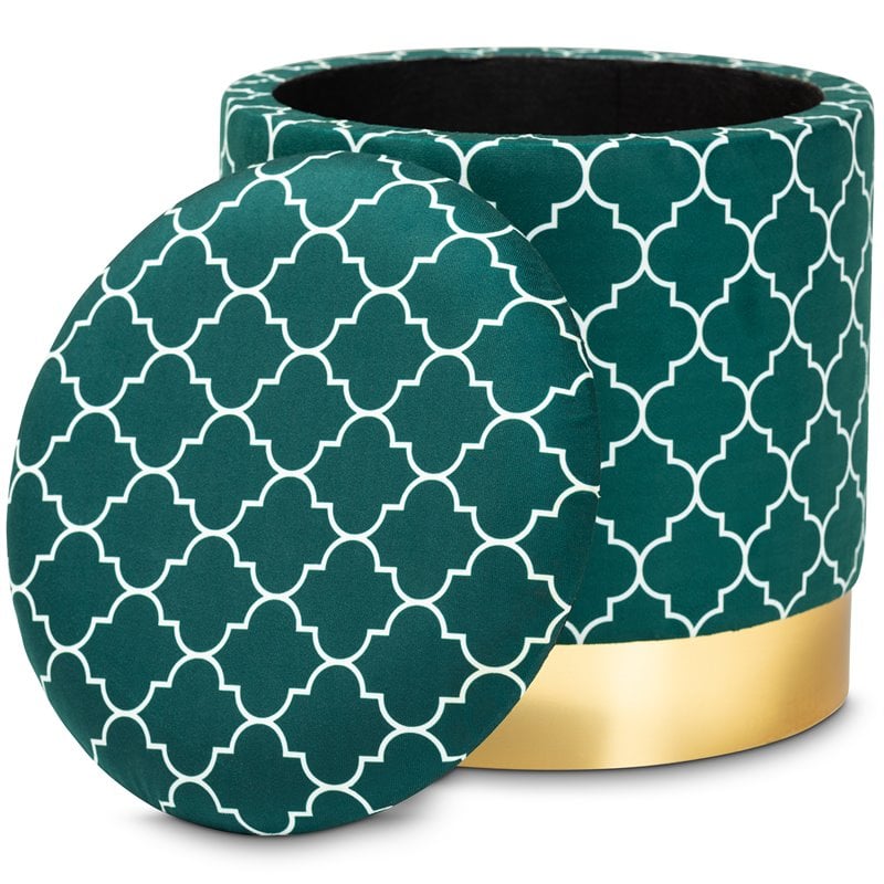 Baxton Studio Serra Teal Green Quatrefoil Velvet Metal Storage Ottoman