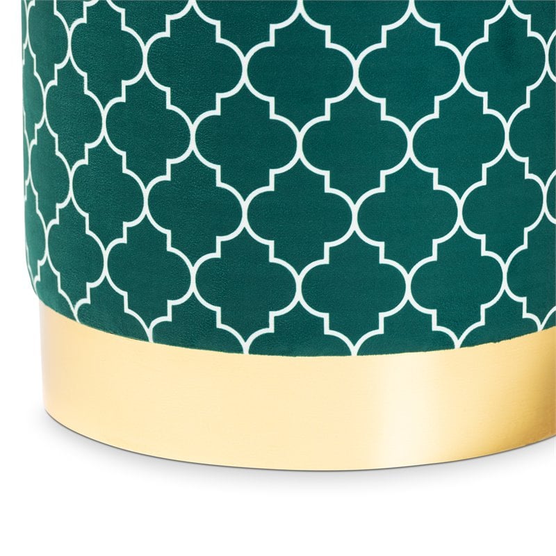 Baxton Studio Serra Teal Green Quatrefoil Velvet Metal Storage Ottoman