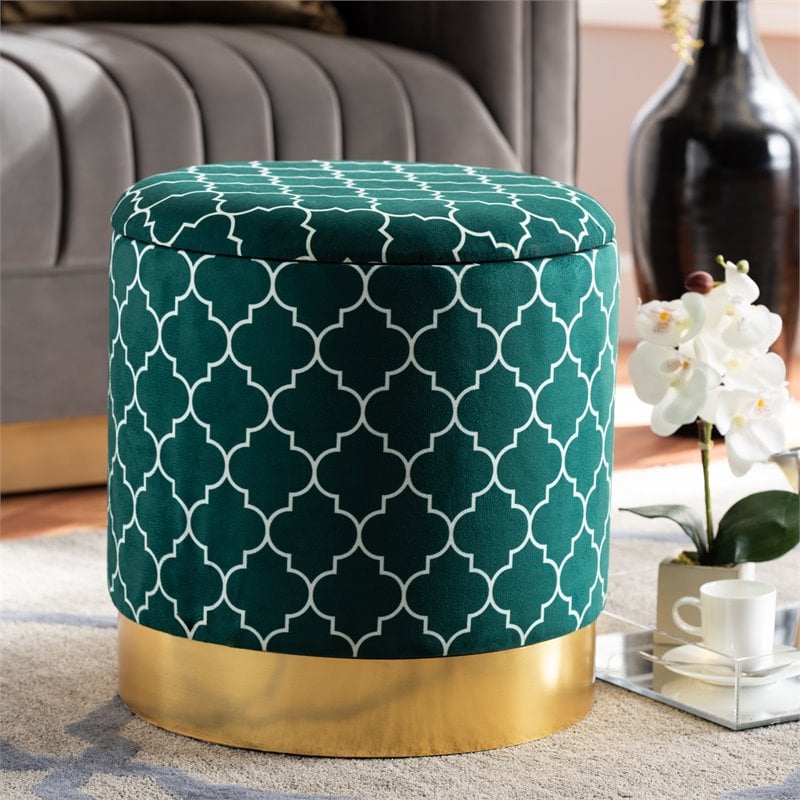 Baxton Studio Serra Teal Green Quatrefoil Velvet Metal Storage Ottoman