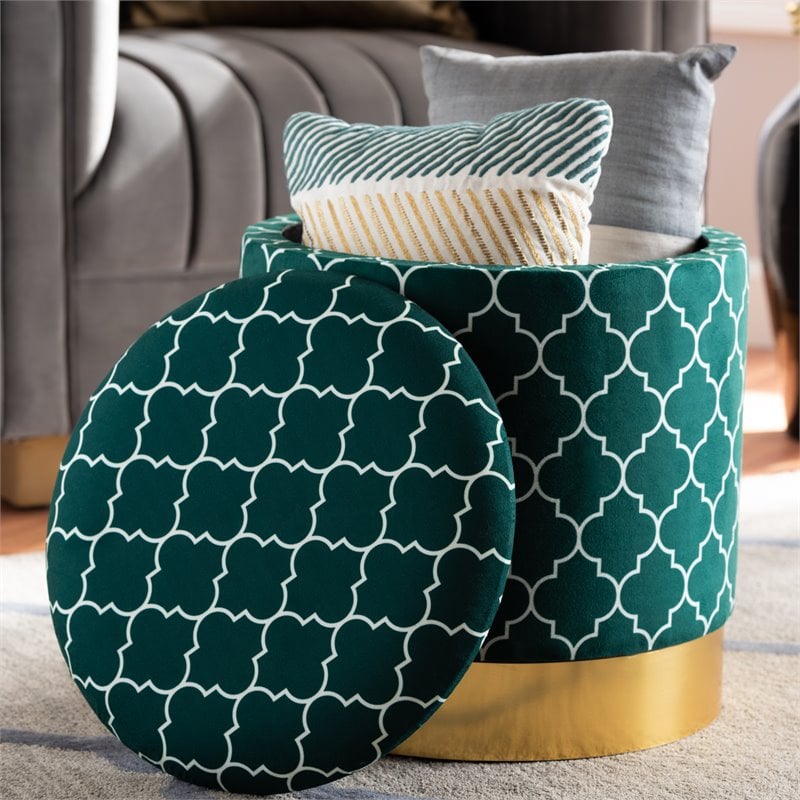 Baxton Studio Serra Teal Green Quatrefoil Velvet Metal Storage Ottoman