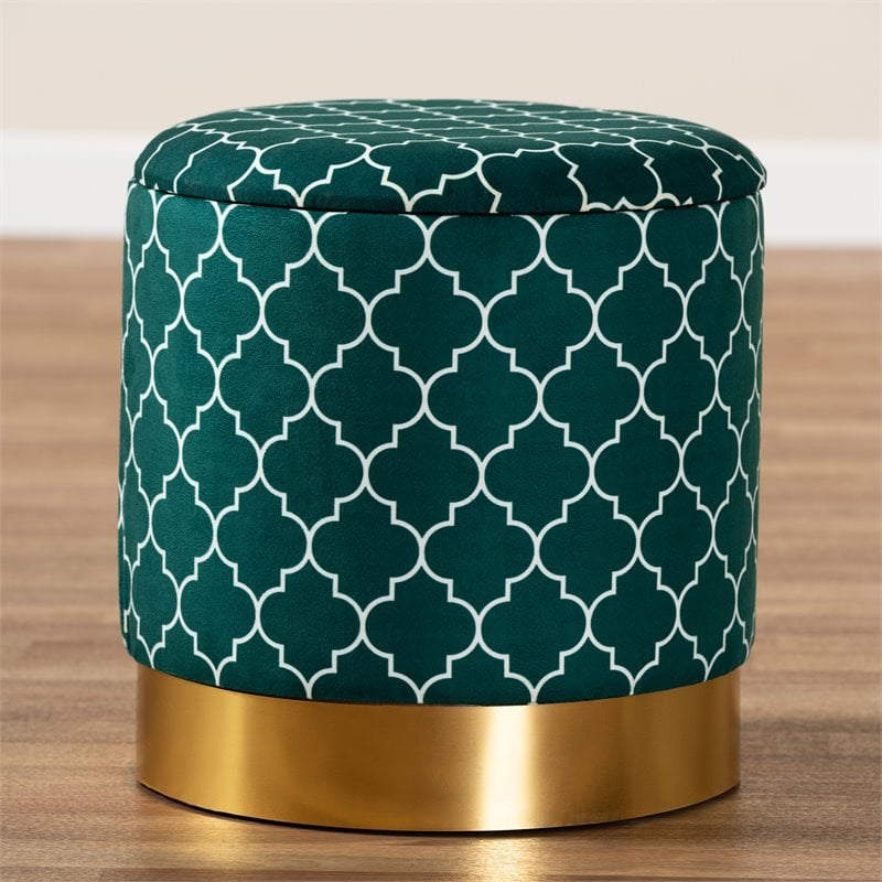 Baxton Studio Serra Teal Green Quatrefoil Velvet Metal Storage Ottoman
