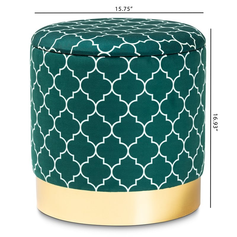 Baxton Studio Serra Teal Green Quatrefoil Velvet Metal Storage Ottoman
