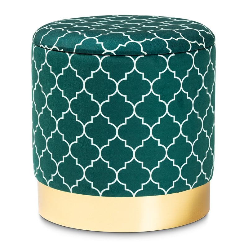 Baxton Studio Serra Teal Green Quatrefoil Velvet Metal Storage Ottoman