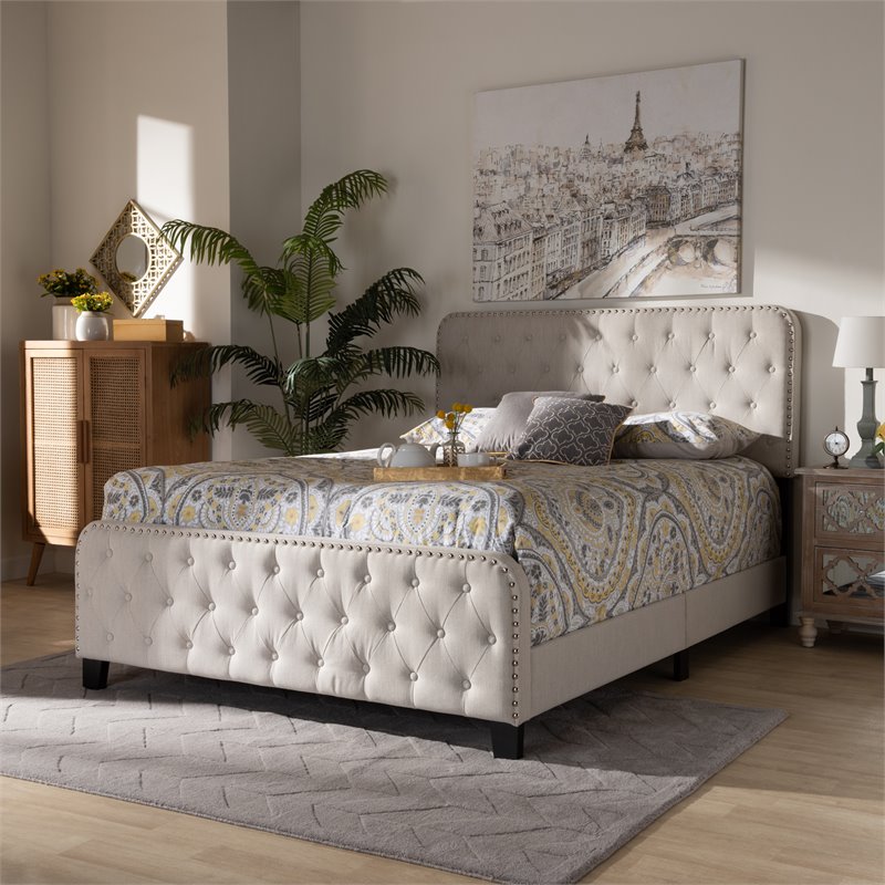 Baxton Studio Annalisa Full Size Beige Upholstered Button Tufted Panel Bed