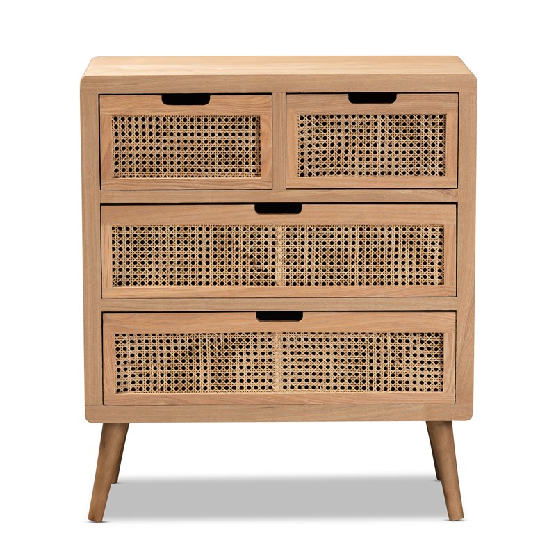 Baxton Studio Alina Medium Oak Finished Wood and Rattan 4Drawer Accent