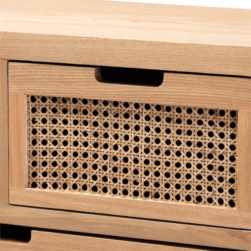 baxton studio alina medium oak finished wood and rattan 4-drawer accent chest