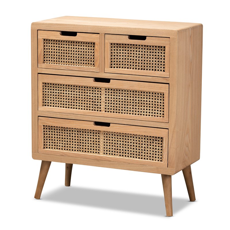 Baxton Studio Alina Medium Oak Finished Wood and Rattan 4Drawer Accent