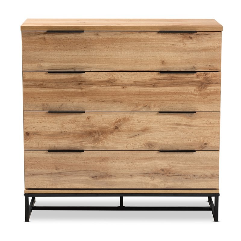 Baxton Studio Reid Industrial Oak Finished Wood Black Metal 4-Drawer Dresser