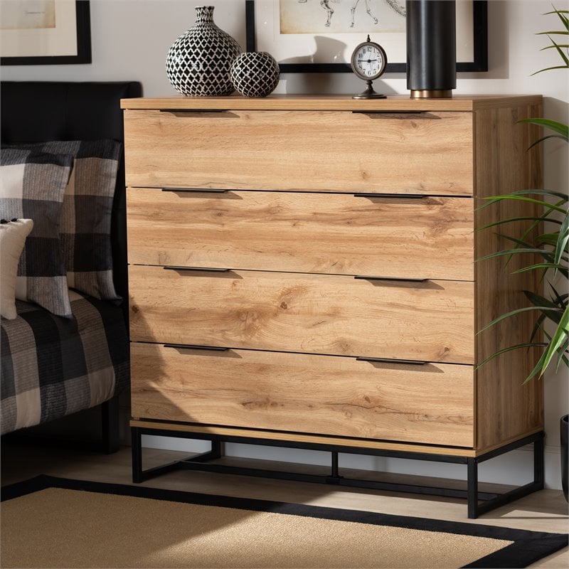 Baxton Studio Reid Industrial Oak Finished Wood Black Metal 4-Drawer Dresser