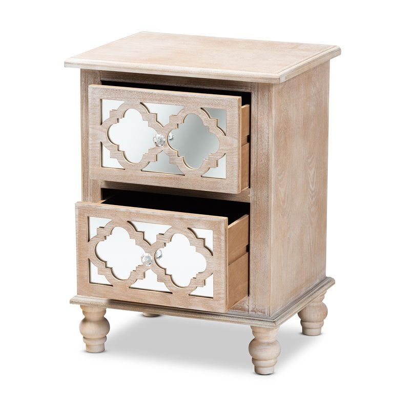 Baxton Studio Celia White-Washed Wood and Mirror 2-Drawer Quatrefoil End Table