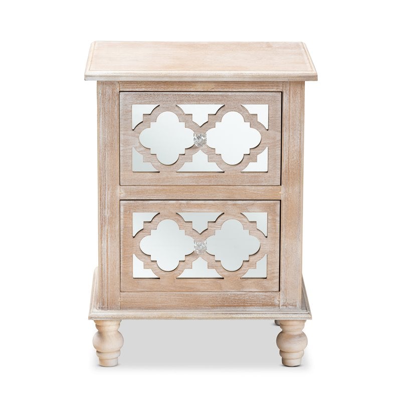 Baxton Studio Celia White-Washed Wood and Mirror 2-Drawer Quatrefoil End Table