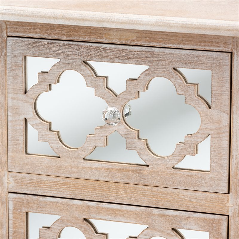 Baxton Studio Celia White-Washed Wood and Mirror 2-Drawer Quatrefoil End Table