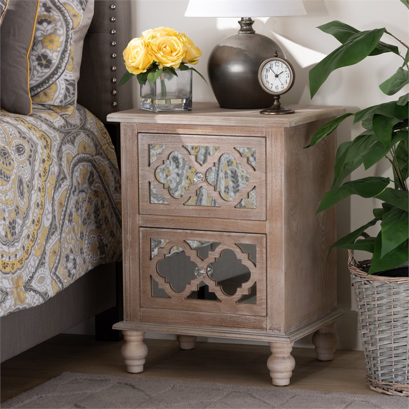 Baxton Studio Celia White-Washed Wood and Mirror 2-Drawer Quatrefoil End Table