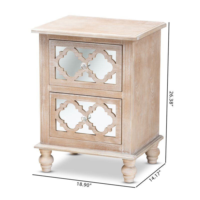 Baxton Studio Celia White-Washed Wood and Mirror 2-Drawer Quatrefoil End Table