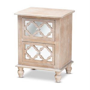 baxton studio celia white-washed wood and mirror 2-drawer quatrefoil end table