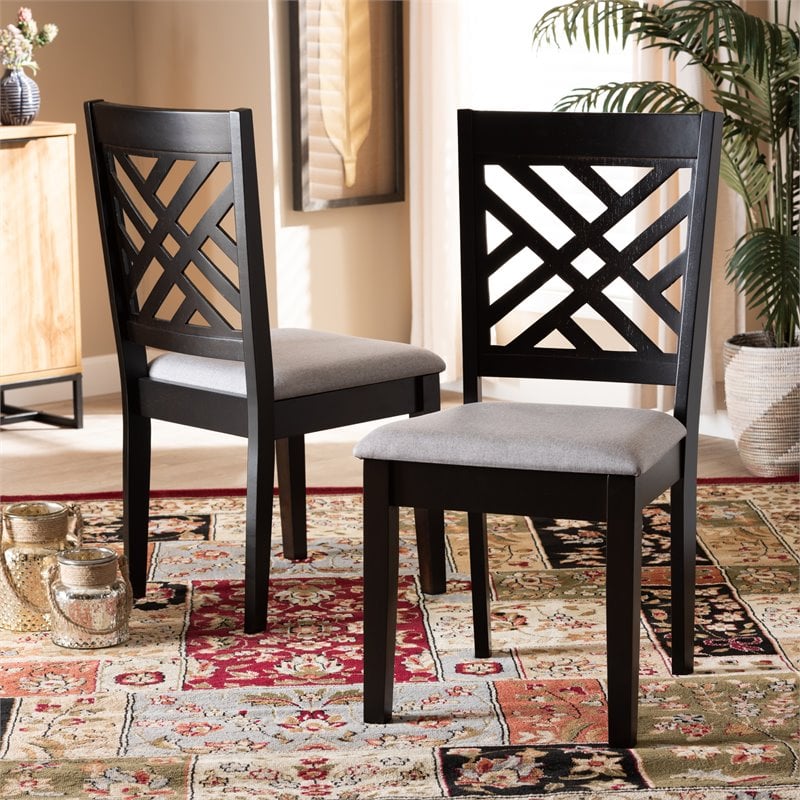 Set of 2 Baxton Studio Caron Grey Upholstered Espresso Wood Dining Chairs