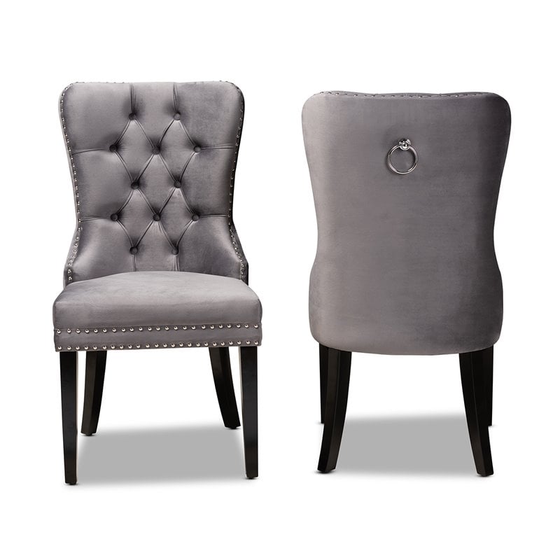 Set of 2 Baxton Studio Remy Grey Velvet Upholstered Espresso Wood Dining Chairs