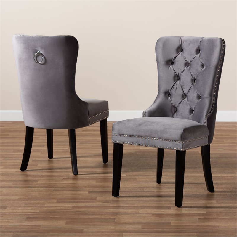 Set of 2 Baxton Studio Remy Grey Velvet Upholstered Espresso Wood Dining Chairs