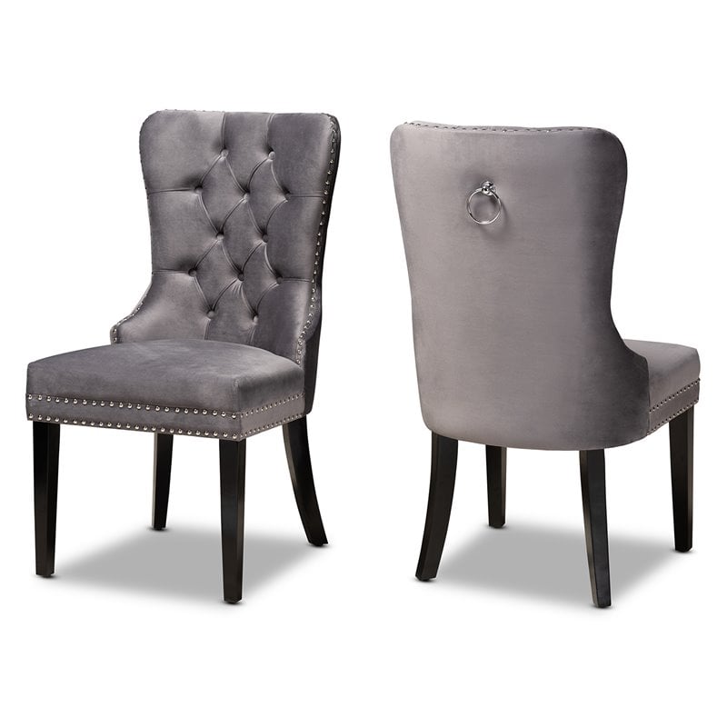 Set of 2 Baxton Studio Remy Grey Velvet Upholstered Espresso Wood Dining Chairs