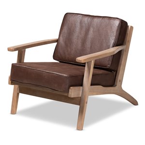 baxton studio sigrid dark brown faux leather antique oak finished wood armchair