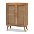 Baxton Studio Mid-Century Brown Oak Finished Wood and Rattan Storage Cabinet