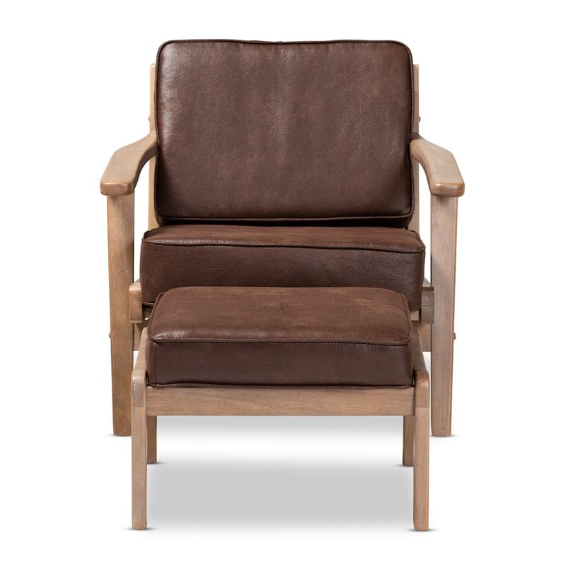 Baxton Studio Sigrid Dark Brown Faux Leather Oak Armchair and Ottoman Set