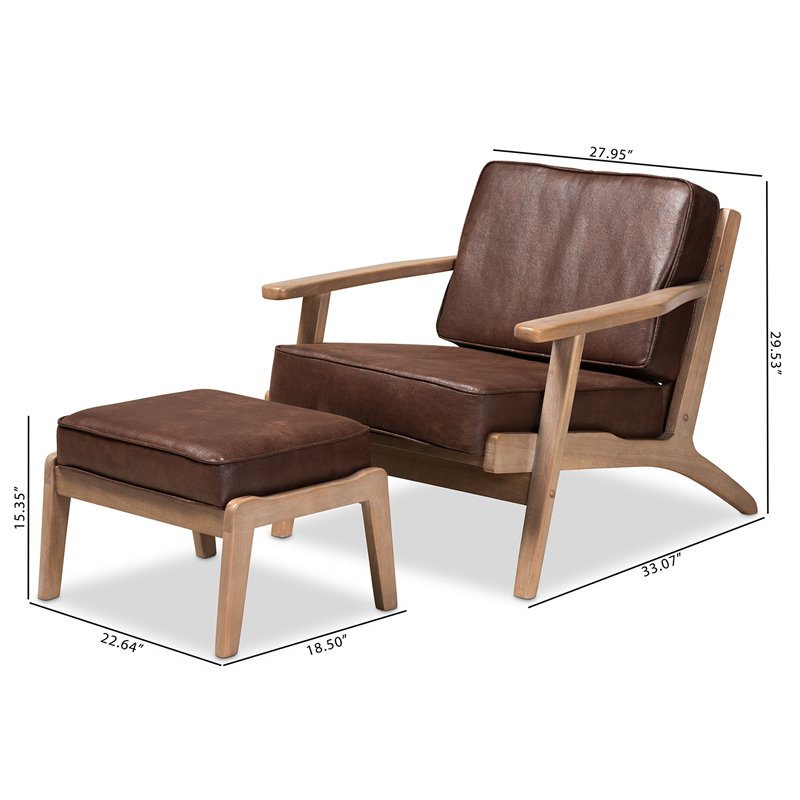 Baxton Studio Sigrid Dark Brown Faux Leather Oak Armchair and Ottoman Set
