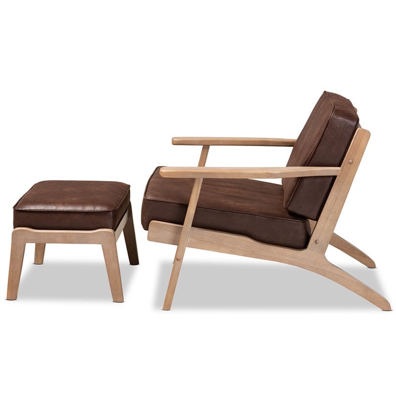 Baxton Studio Sigrid Dark Brown Faux Leather Oak Armchair and Ottoman Set