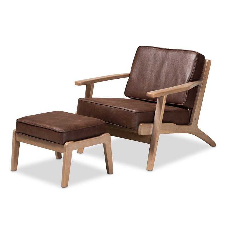 Baxton Studio Sigrid Dark Brown Faux Leather Oak Armchair and Ottoman Set
