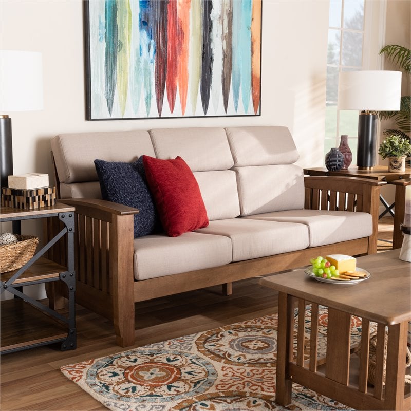 Baxton Studio Charlotte Taupe Upholstered Walnut Finished Wood 3 Seater Sofa