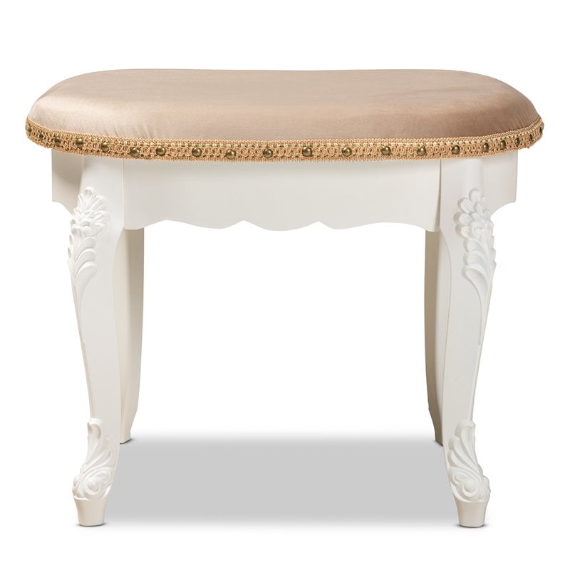 Baxton Studio Gabrielle Sand Velvet Upholstered White Wood Vanity Ottoman