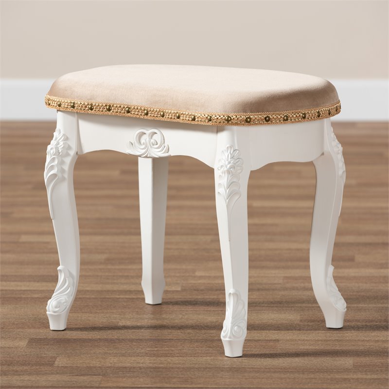 Baxton Studio Gabrielle Sand Velvet Upholstered White Wood Vanity Ottoman
