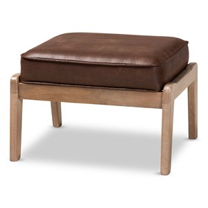 baxton studio sigrid dark brown faux leather upholstered oak wood ottoman