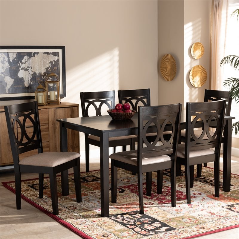 Baxton Studio Lenoir Sand Upholstered Espresso Wood 7-Piece Dining Set