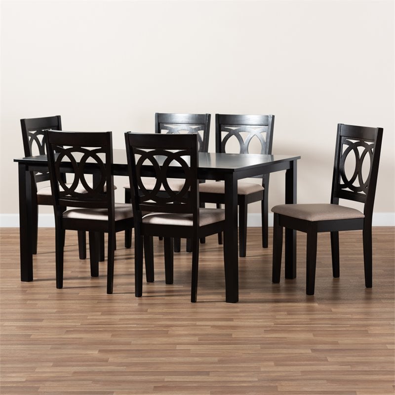 Baxton Studio Lenoir Sand Upholstered Espresso Wood 7-Piece Dining Set