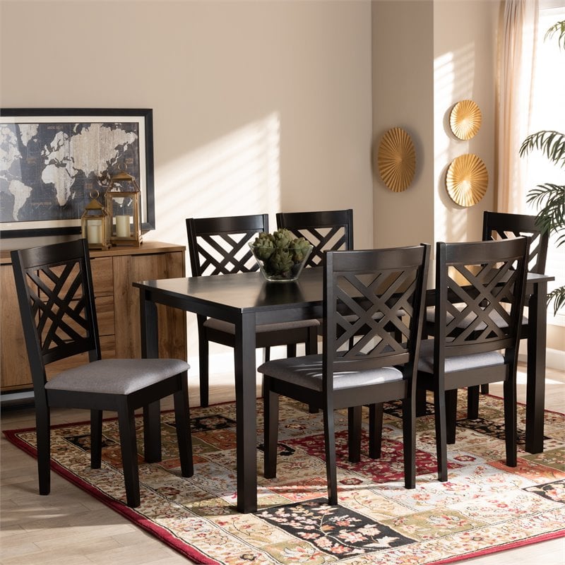 Baxton Studio Caron Grey Upholstered Espresso Wood 7-Piece Dining Set