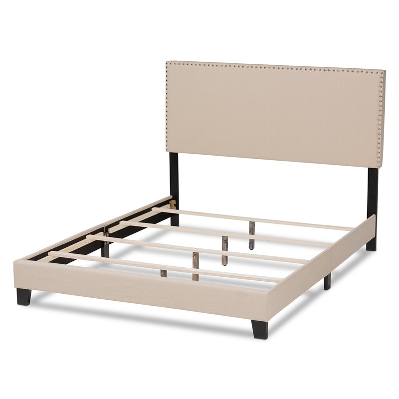 Baxton Studio Ramon Full Size Beige Linen Panel Bed with Nailhead Trim
