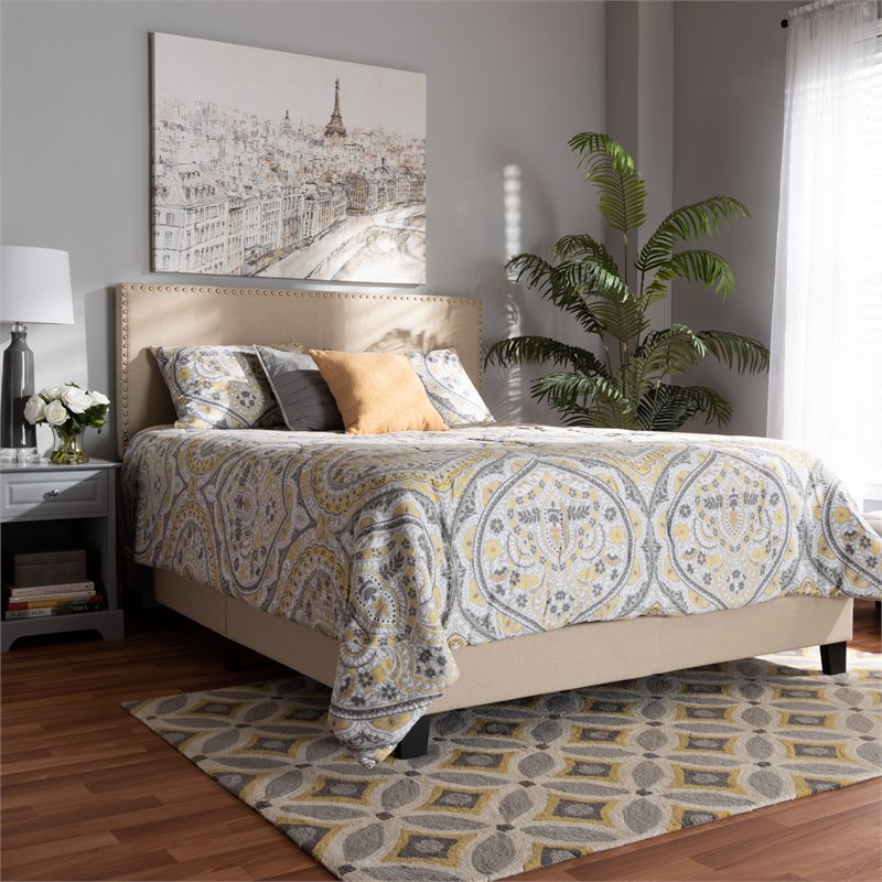 Baxton Studio Ramon Full Size Beige Linen Panel Bed with Nailhead Trim