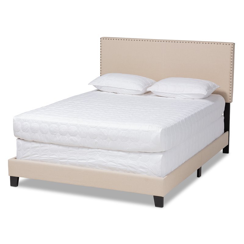 Baxton Studio Ramon Full Size Beige Linen Panel Bed with Nailhead Trim