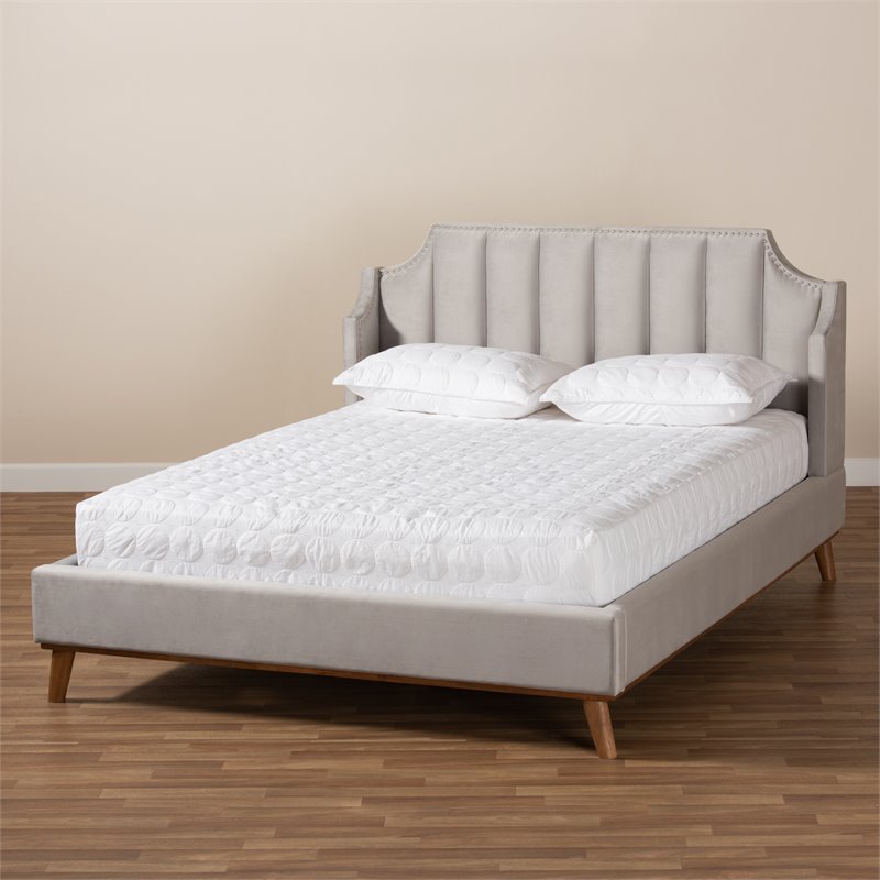Baxton Studio Adelie King Size Light Gray Velvet Wingback Platform Bed