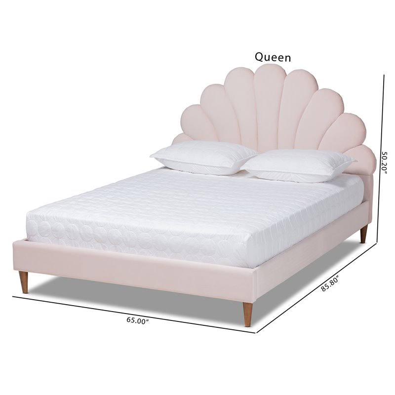 Baxton Studio Odille Queen Size Light Pink Velvet Seashell Shaped Platform Bed