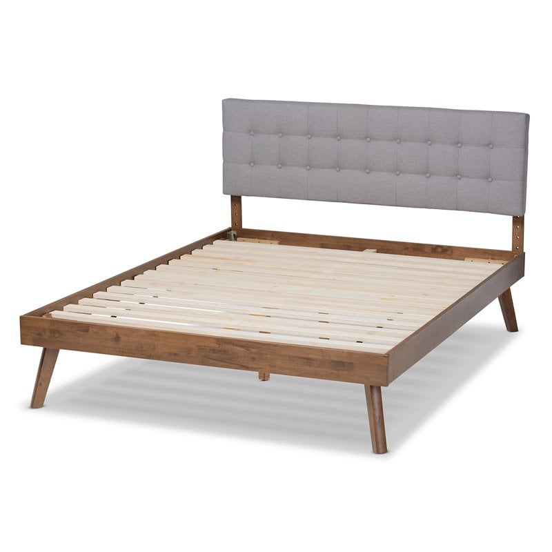 Baxton Studio Devan Queen Size Light Gray Fabric Walnut Finished Platform Bed