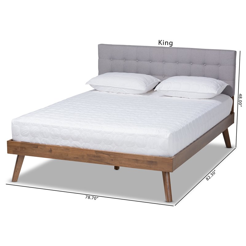 Baxton Studio Devan King Size Light Gray Fabric Walnut Finished Platform Bed