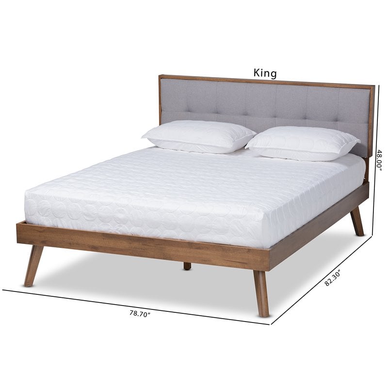 Baxton Studio Alke King Size Light Gray Fabric Walnut Finished Platform Bed