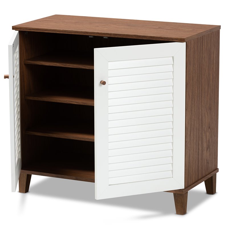 Baxton Studio Coolidge White and Walnut Finished 4-Shelf Wood Shoe Cabinet