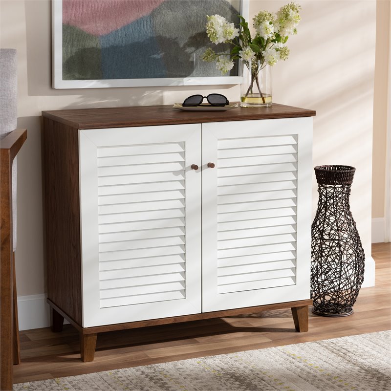 Baxton Studio Coolidge White and Walnut Finished 4-Shelf Wood Shoe Cabinet