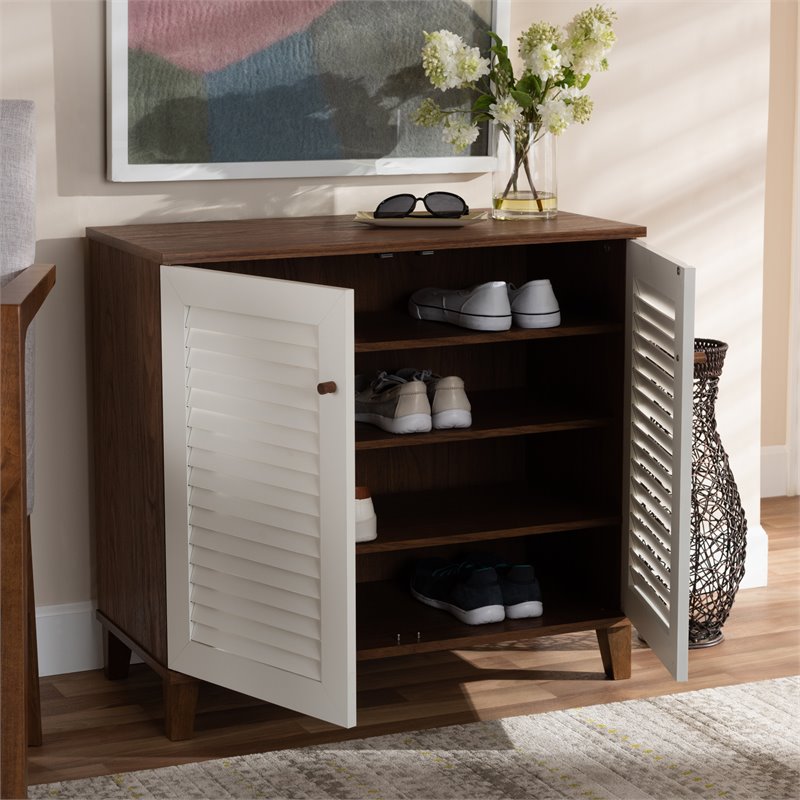 Baxton Studio Coolidge White and Walnut Finished 4-Shelf Wood Shoe Cabinet